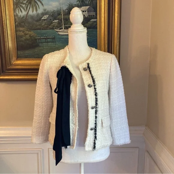 ZARA Ivory White Black Bow Tweed Blazer Jacket - Picture 11 of 12